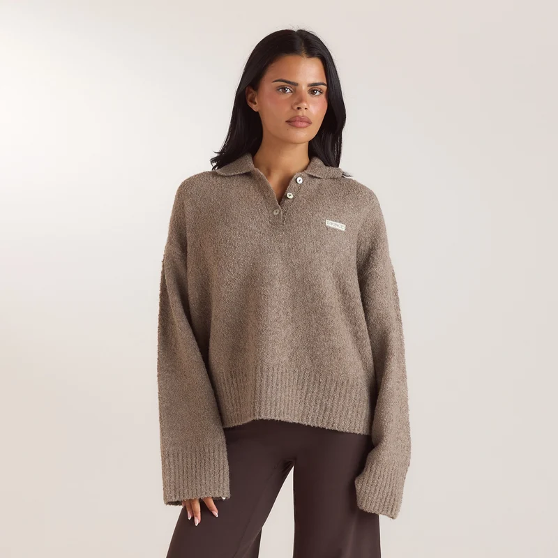 Bouclé-gebreide polo jumper - Taupe
