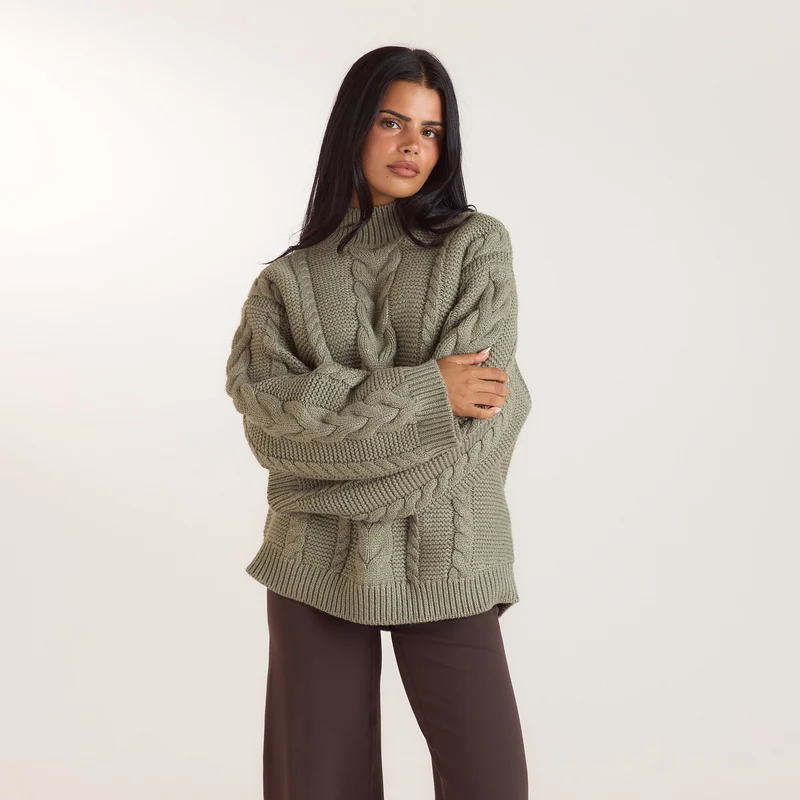 Oversized jumper met kabelsteek - Olijf