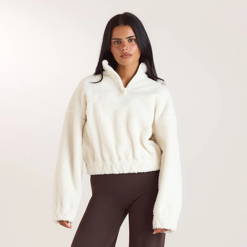 Borg-trui van fleece met trechterhals - Crème