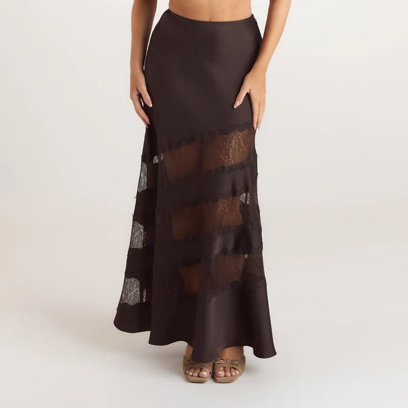 Lace Trim Maxi-rok - Chocolade