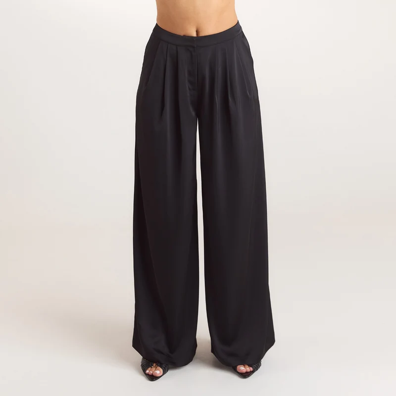 Satin Pleated Broek - Zwart