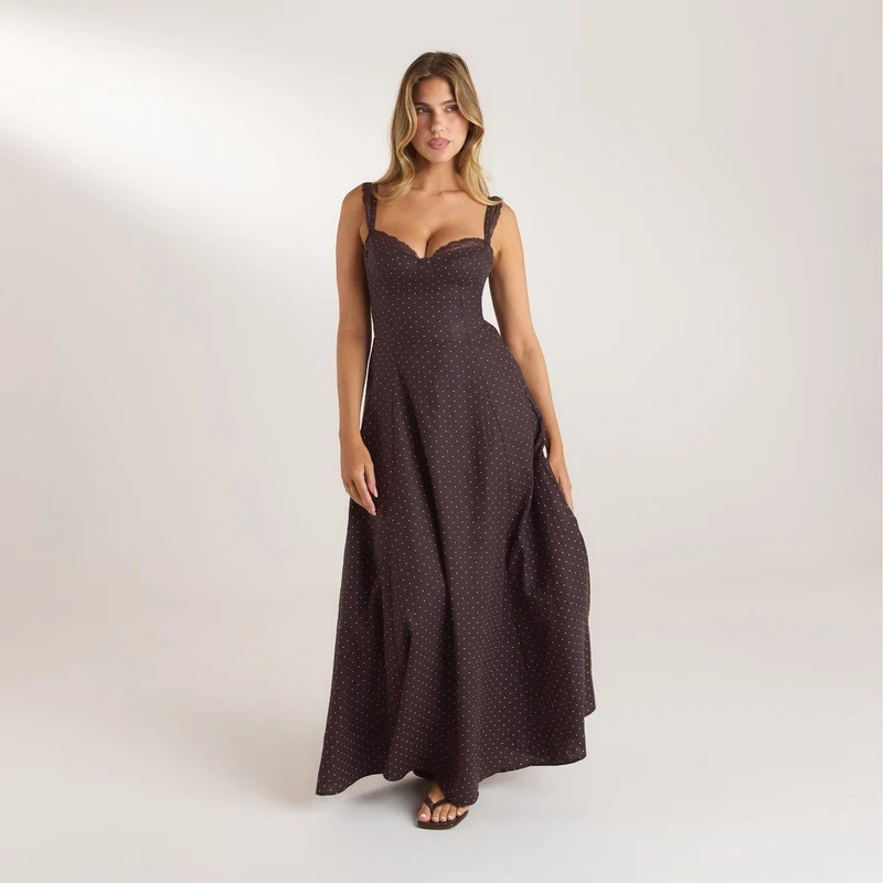 Lace Trim Maxijurk - Chocolade Polka Dot