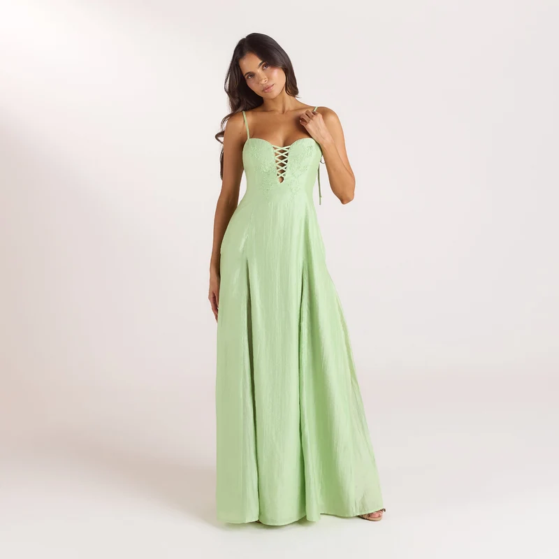 Embroidered Lace-Up Maxijurk - Groen