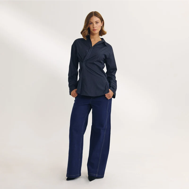 Asymmetrisch Overhemd - Marineblauw Krijtstreep