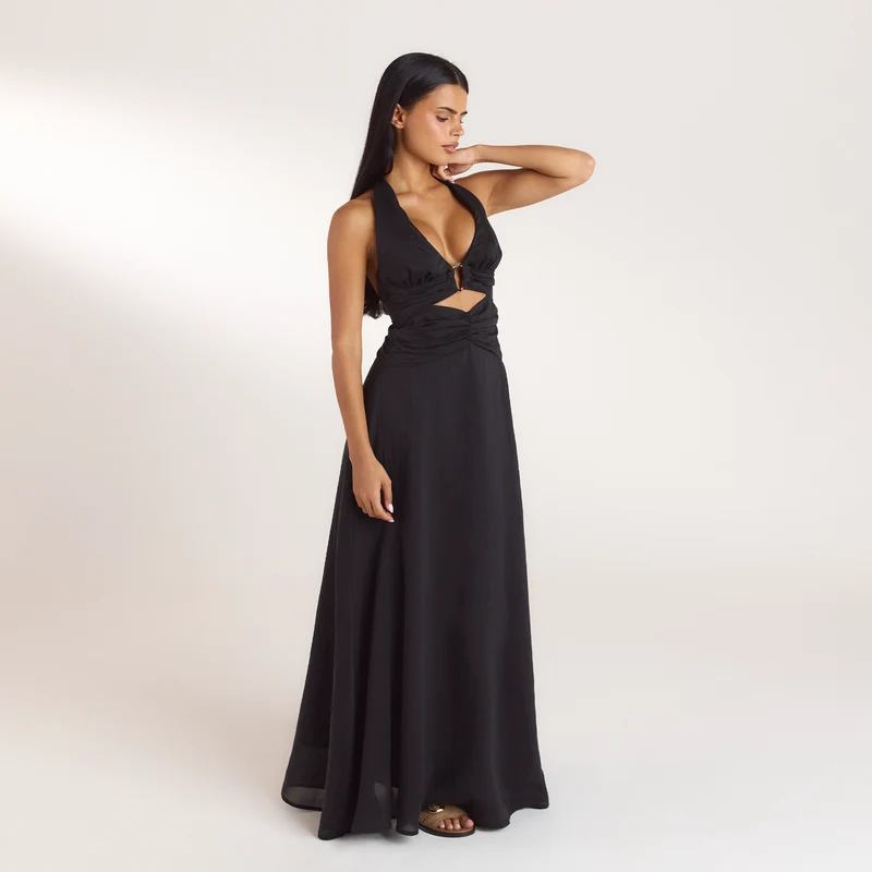 Maxi-jurk van Tencel met ruches - Zwart