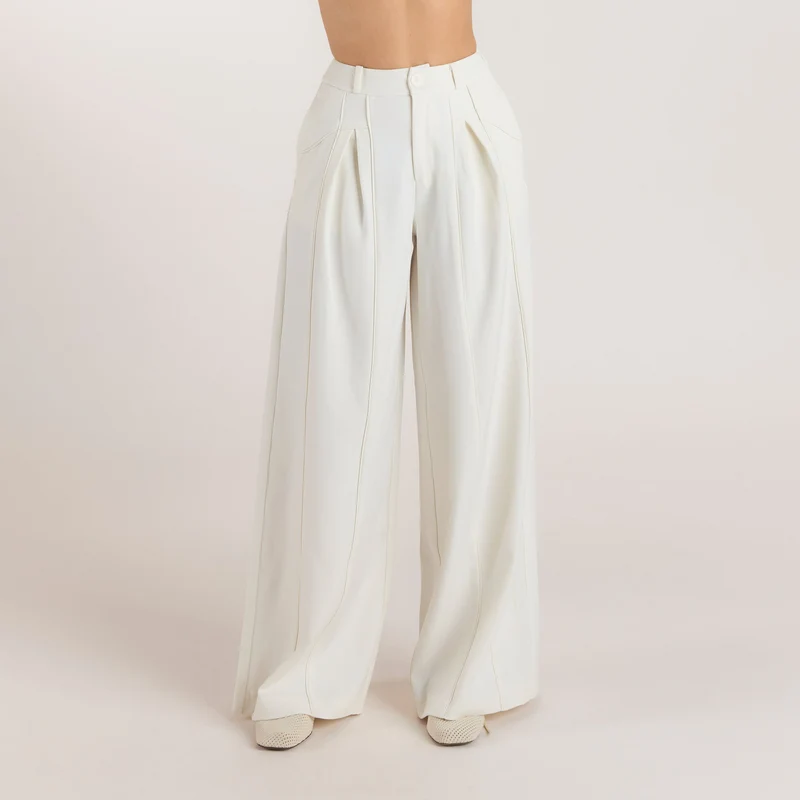 Broek met wijde pijpen en plooidetail - Gebroken Wit