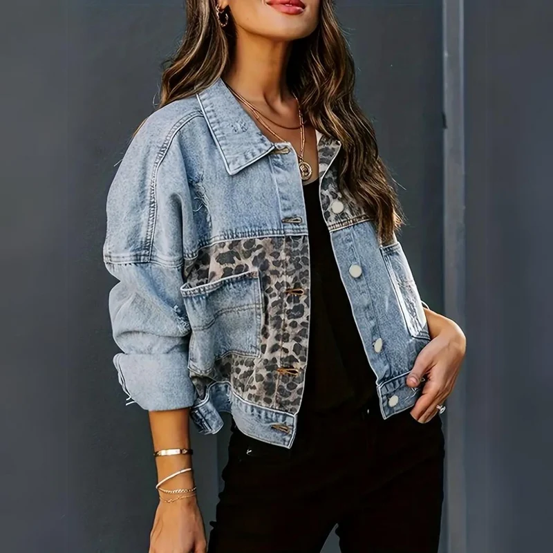 Yves - Womens Leopard Print Denim Jacket