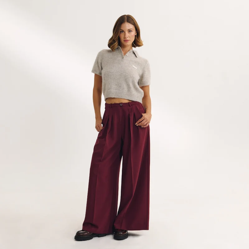 Getailleerde Broek met wijde pijpen - Kersenrood